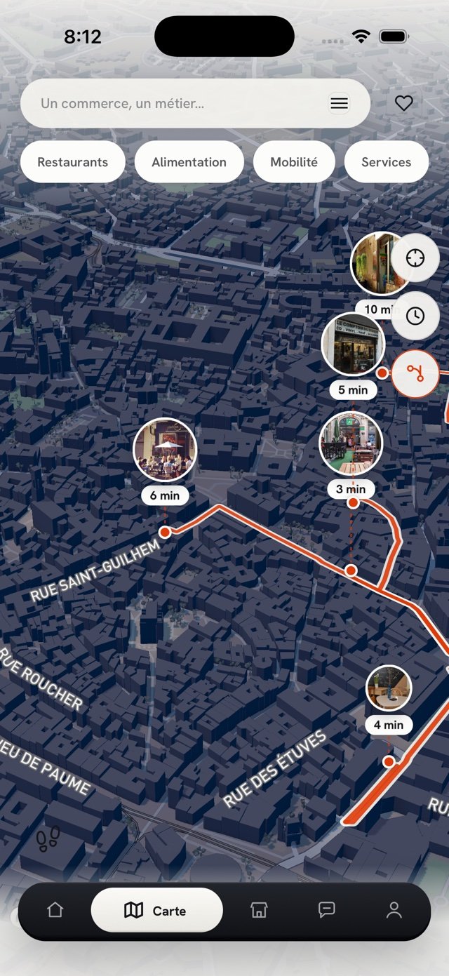 La carte 3D de l’Écusson à Montpellier, le fil allumé : trois chemins vermillon tracés par les rues et cinq commerces avec leur minute à pied (3 à 10 min).