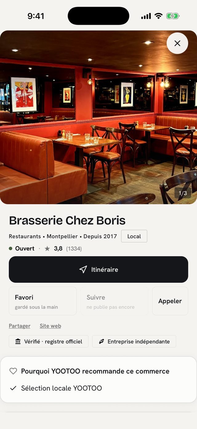 La fiche de la Brasserie Chez Boris : itinéraire, favori, appel — et la raison pour laquelle YOOTOO recommande ce commerce.