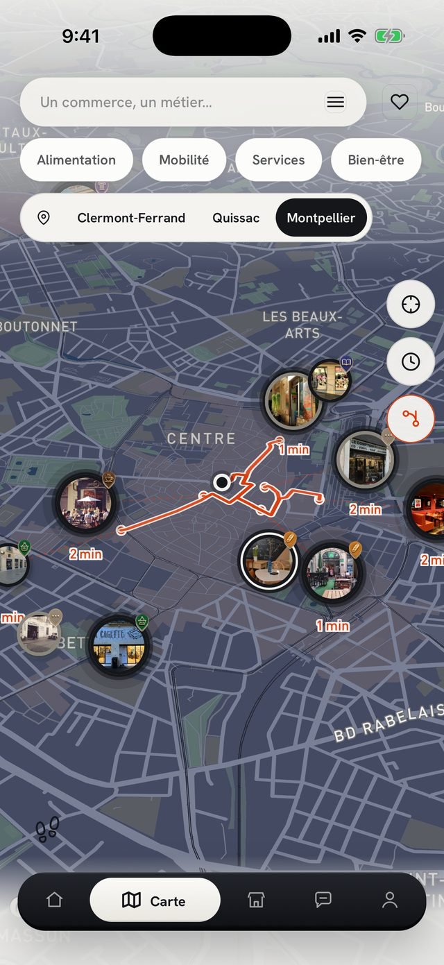 La carte de Montpellier : six chemins tracés par les vraies rues, la minute écrite au bout de chacun.