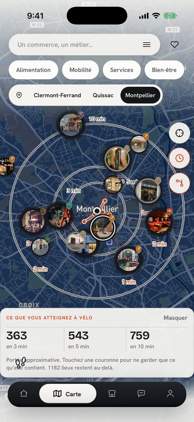 L’horizon : trois couronnes dessinées sur la carte — ce que vous atteignez à vélo en 3, 5 et 10 minutes.